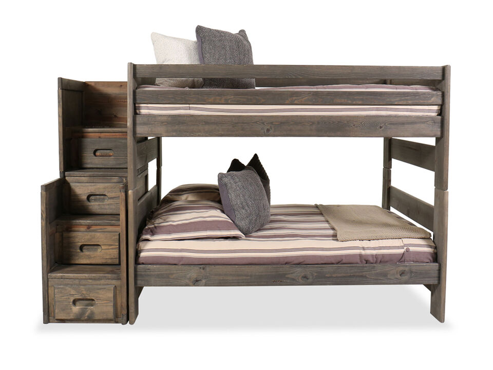 Wood Full Bunk Bed and Stairs Chest Set in Light Brown